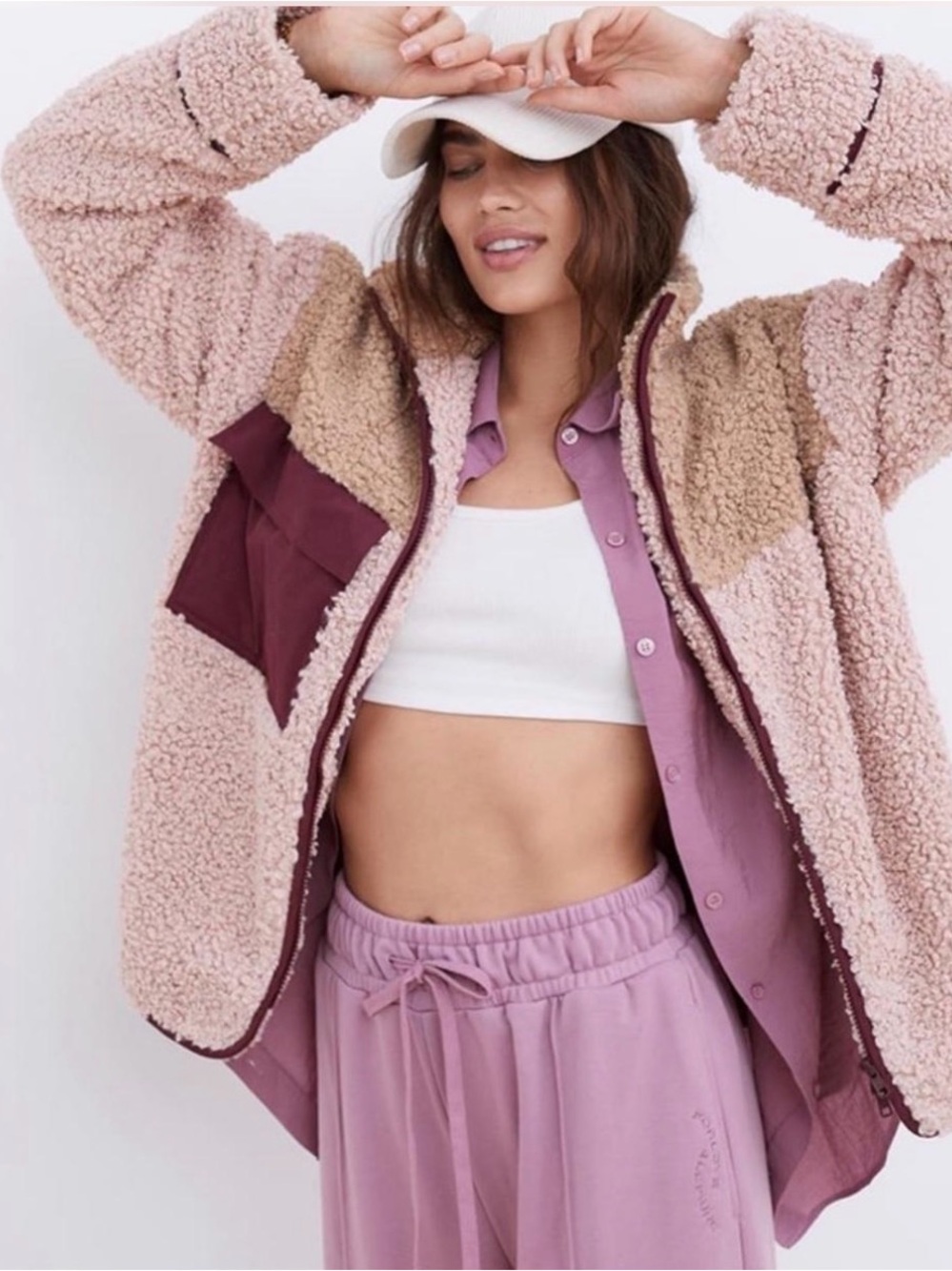 For Love & Lemons Pink, Tan & Burgundy Teddy Jacket